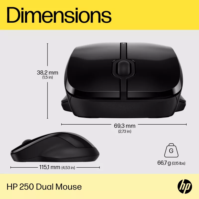 HP 250 Dual muis, voor beide handen, Bluetooth + USB Type-A, 1600 DPI, zwart