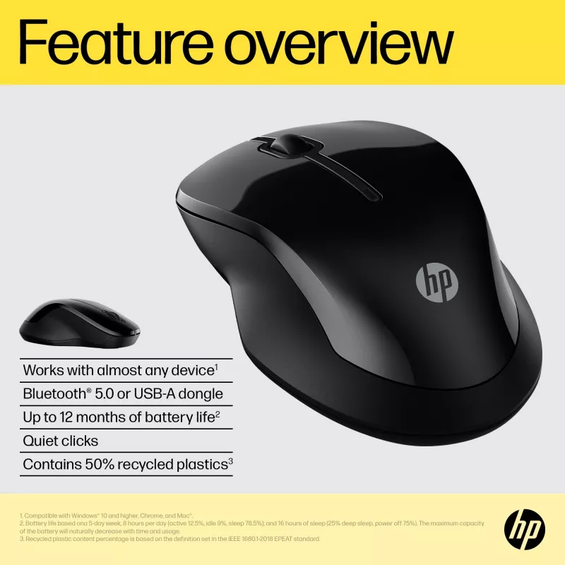 HP 250 Dual muis, voor beide handen, Bluetooth + USB Type-A, 1600 DPI, zwart