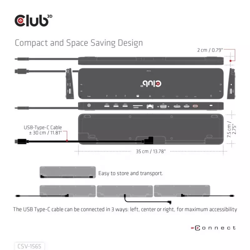 CLUB3D USB Gen1 Type-C Triple Display DP1.4 Alt mode Smart PD3.0 oplaaddock met 100 watt voeding