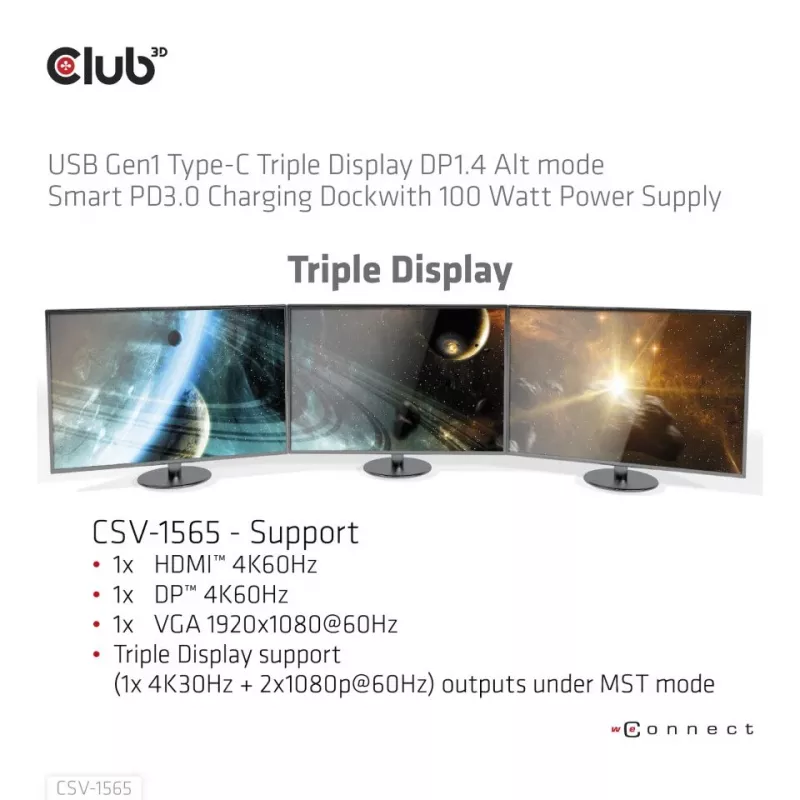 CLUB3D USB Gen1 Type-C Triple Display DP1.4 Alt mode Smart PD3.0 oplaaddock met 100 watt voeding