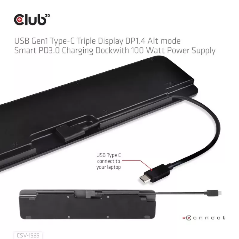 CLUB3D USB Gen1 Type-C Triple Display DP1.4 Alt mode Smart PD3.0 oplaaddock met 100 watt voeding