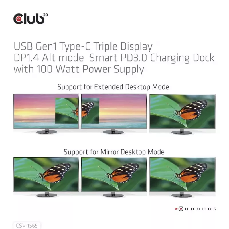 CLUB3D USB Gen1 Type-C Triple Display DP1.4 Alt mode Smart PD3.0 oplaaddock met 100 watt voeding