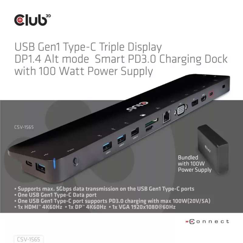 CLUB3D USB Gen1 Type-C Triple Display DP1.4 Alt mode Smart PD3.0 oplaaddock met 100 watt voeding