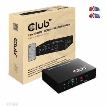 CLUB3D 3 naar 1 HDMI™ 8K60Hz/4K120Hz switch, 7680 x 4320 pixel, 8K Ultra HD, zwart