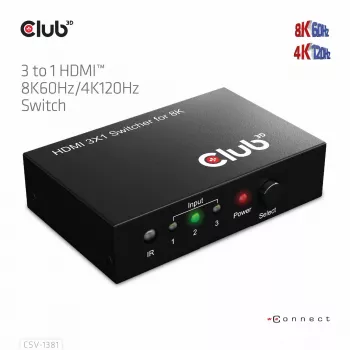 CLUB3D 3 naar 1 HDMI™ 8K60Hz/4K120Hz switch, 7680 x 4320 pixel, 8K Ultra HD, zwart