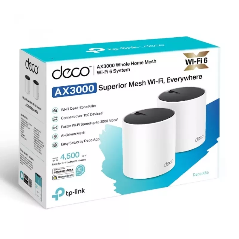 TP-Link DECO X55 (2-pack) dualband (2,4 GHz / 5 GHz) Wi-Fi 6 (802.11ax) wit 3 intern