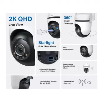 TP-Link Tapo Outdoor Pan/Tilt Security Wi-Fi Camera, IP-beveiligingscamera, binnen & buiten, draadloos, CE, FCC, RoHS, RCM, plafond, zwart, wit