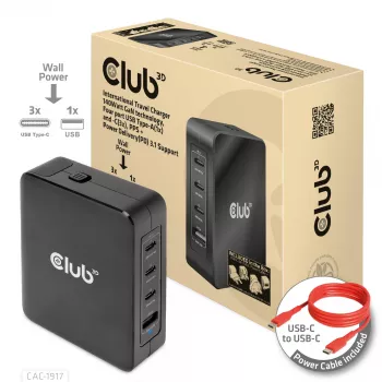 CLUB3D Internationale reislader 140W GaN-technologie, vier poorten USB Type-A (1x) en -C (3x), PPS + Power Delivery (PD) 3.1-ondersteuning