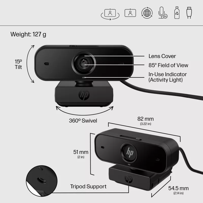 HP 430 FHD-webcam, 2 MP, 1920 x 1080 pixel, Full HD, 60 fps, 85°, thuis