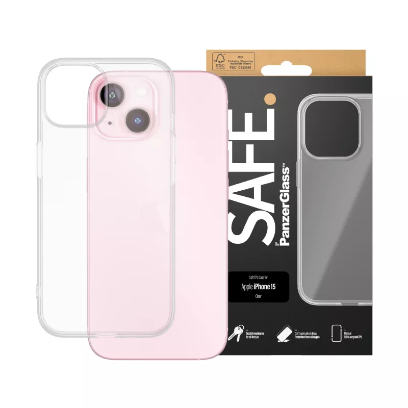 PanzerGlass SAFE. by ® TPU-hoes transparant iPhone 15, cover, Apple, Apple - iPhone 15, transparant