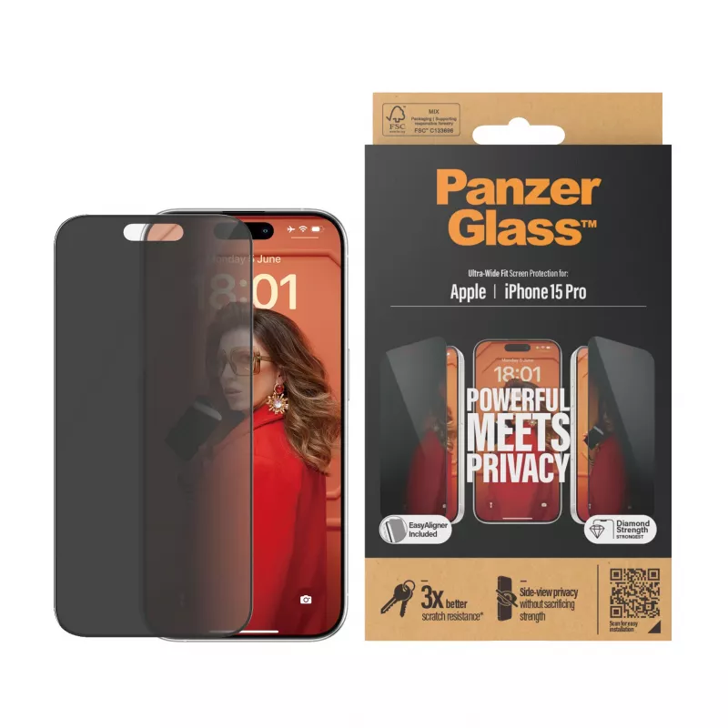 PanzerGlass ® privacy screen protector iPhone 15 Pro | Ultra-Wide Fit met EasyAligner