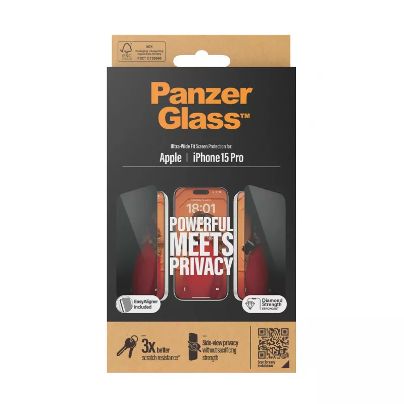 PanzerGlass ® privacy screen protector iPhone 15 Pro | Ultra-Wide Fit met EasyAligner