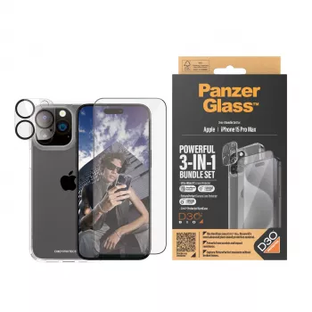 PanzerGlass ® 3-in-1-bundel iPhone 15 Pro Max, Apple, Apple - iPhone 15 Pro Max, droge toepassing, schokbestendig, transparant, 1 stuk