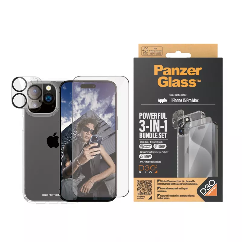 PanzerGlass ® 3-in-1-bundel iPhone 15 Pro Max, Apple, Apple - iPhone 15 Pro Max, droge toepassing, schokbestendig, transparant, 1 stuk