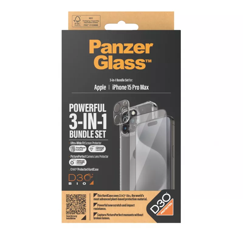 PanzerGlass ® 3-in-1-bundel iPhone 15 Pro Max, Apple, Apple - iPhone 15 Pro Max, droge toepassing, schokbestendig, transparant, 1 stuk