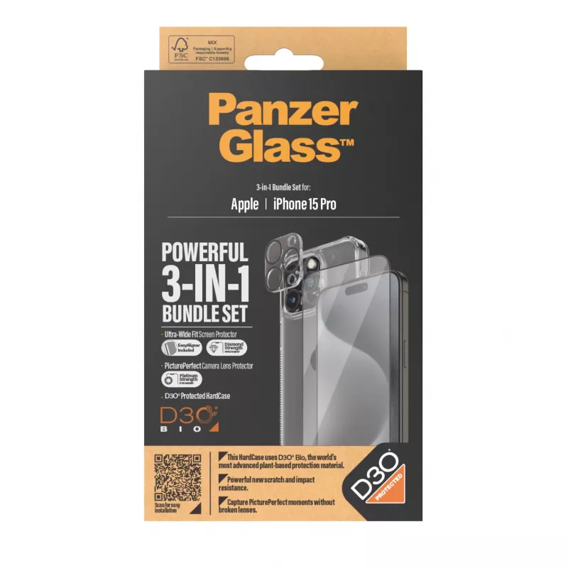 PanzerGlass 3-in-1-pack iPhone 15 Pro gehard glas transparant