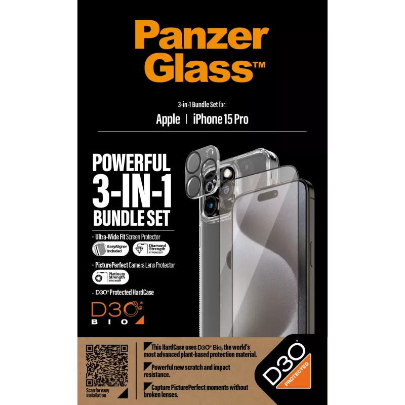 PanzerGlass 3-in-1-pack iPhone 15 Pro gehard glas transparant