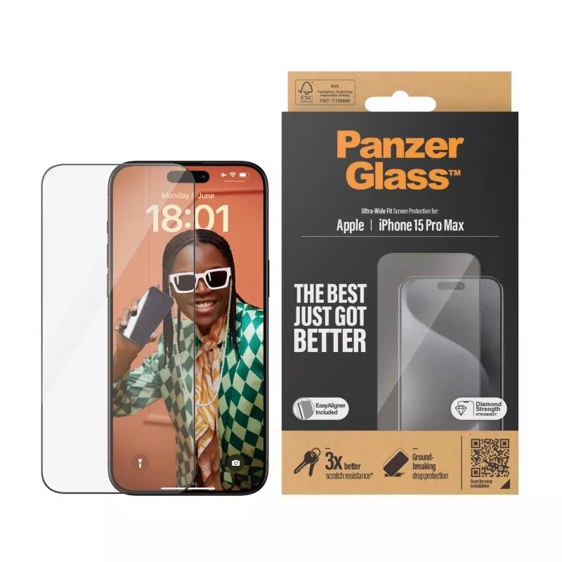 PanzerGlass ® displayschermfolie iPhone 15 Pro Max | Ultra-Wide Fit met EasyAligner