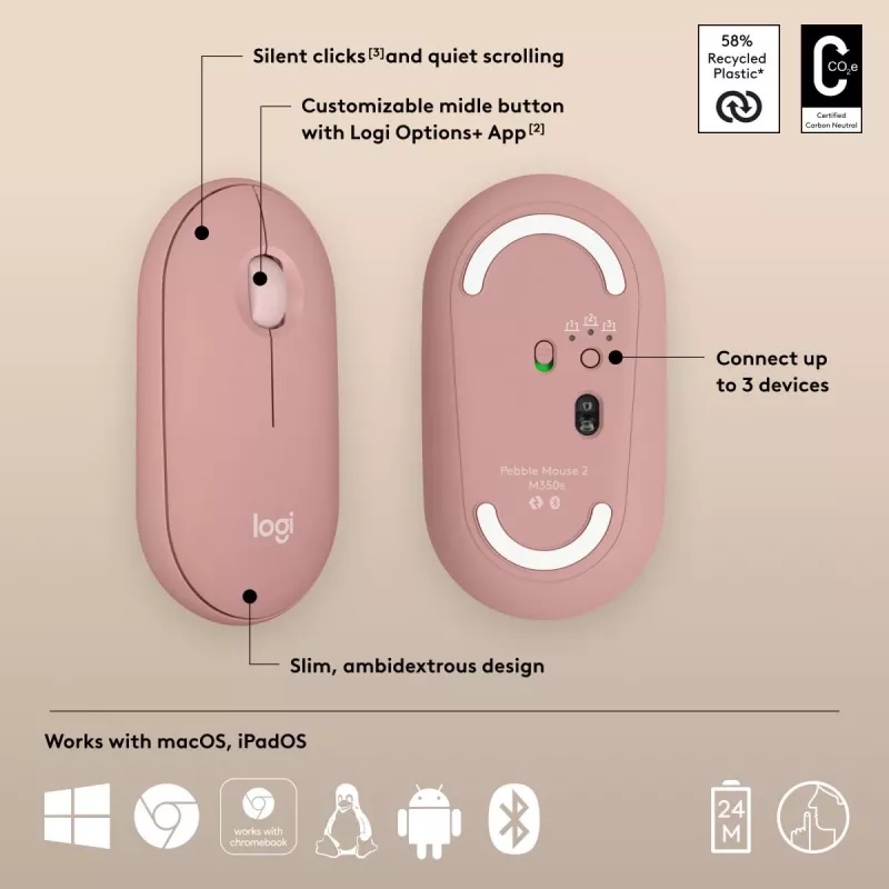 LOGITECH Pebble 2 M350s Draadloze optische muis roze