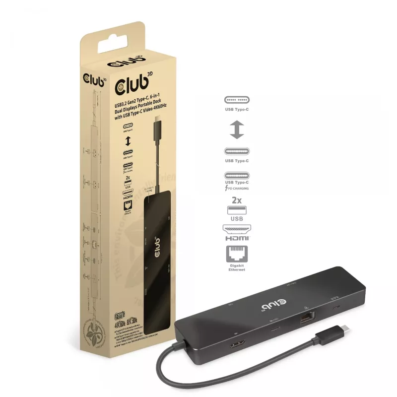 CLUB3D USB3.2 Gen2 Type-C, 6-in-1 draagbaar dual-display dock met USB Type-C video 4K60Hz