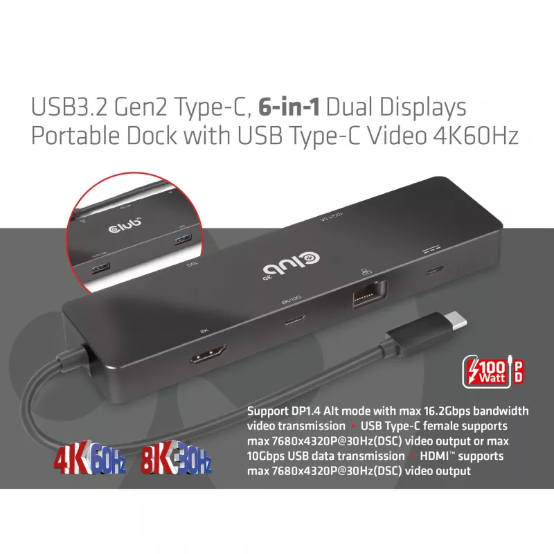CLUB3D USB3.2 Gen2 Type-C, 6-in-1 draagbaar dual-display dock met USB Type-C video 4K60Hz