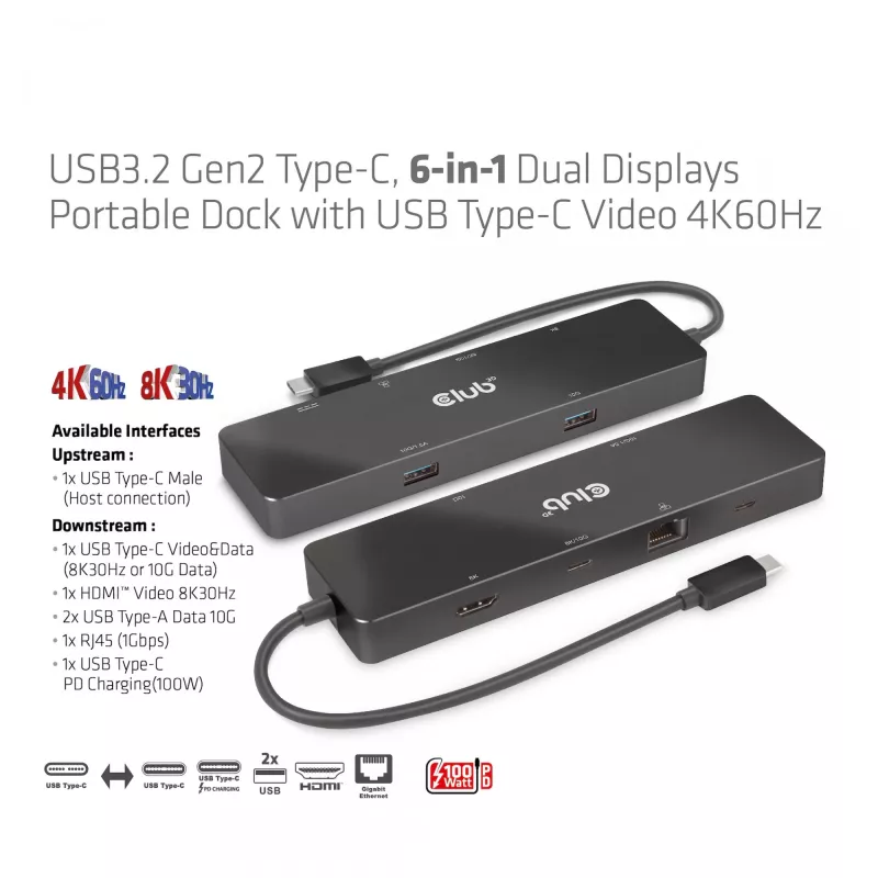 CLUB3D USB3.2 Gen2 Type-C, 6-in-1 draagbaar dual-display dock met USB Type-C video 4K60Hz