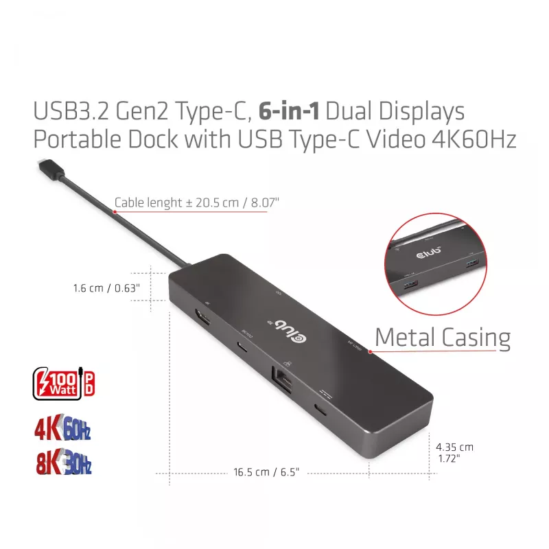 CLUB3D USB3.2 Gen2 Type-C, 6-in-1 draagbaar dual-display dock met USB Type-C video 4K60Hz