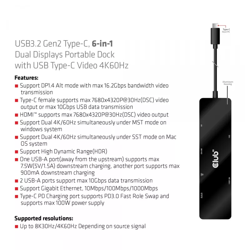 CLUB3D USB3.2 Gen2 Type-C, 6-in-1 draagbaar dual-display dock met USB Type-C video 4K60Hz