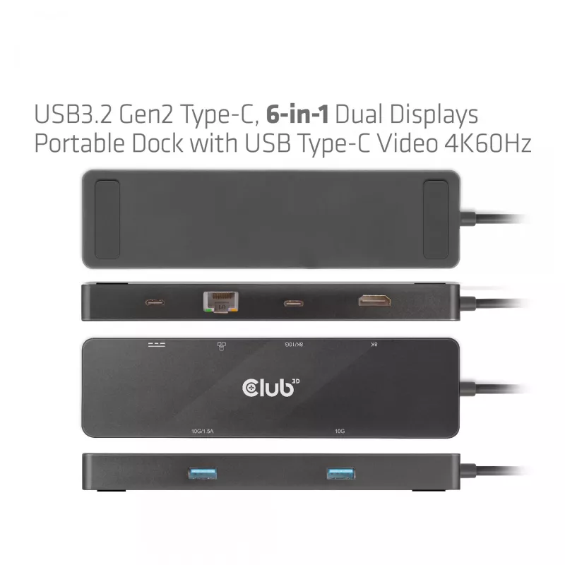 CLUB3D USB3.2 Gen2 Type-C, 6-in-1 draagbaar dual-display dock met USB Type-C video 4K60Hz