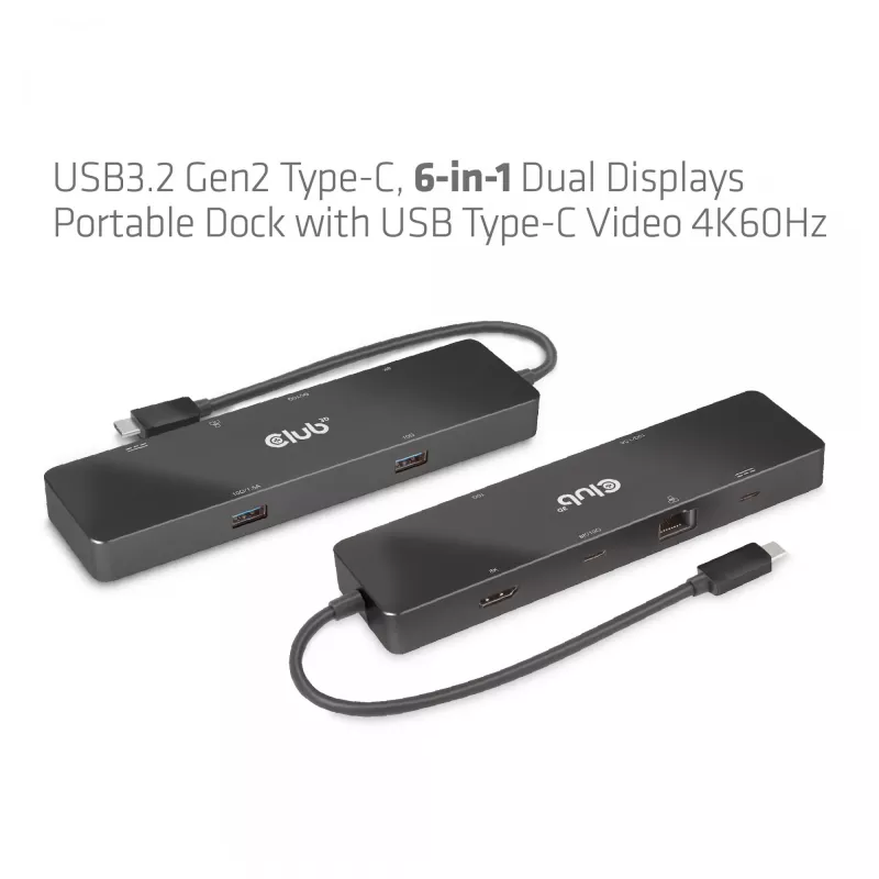 CLUB3D USB3.2 Gen2 Type-C, 6-in-1 draagbaar dual-display dock met USB Type-C video 4K60Hz
