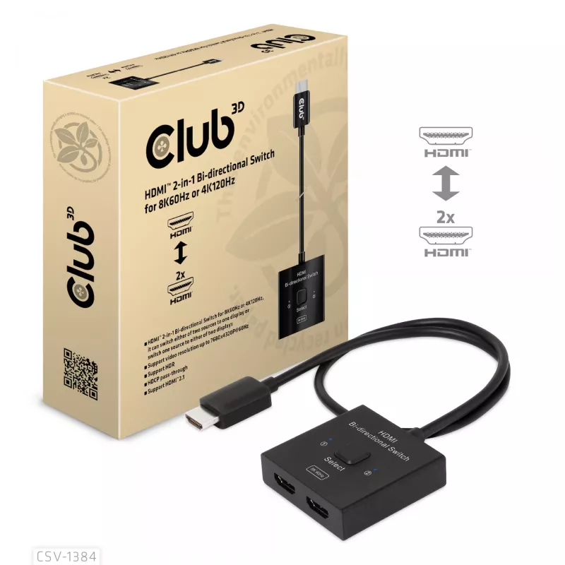 CLUB3D HDMI 2-in-1 bi-directionele switch 8K60Hz 4K120Hz CSV-1384