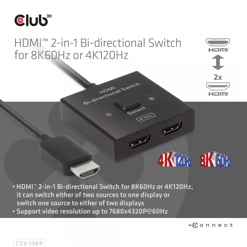 CLUB3D HDMI 2-in-1 bi-directionele switch 8K60Hz 4K120Hz CSV-1384