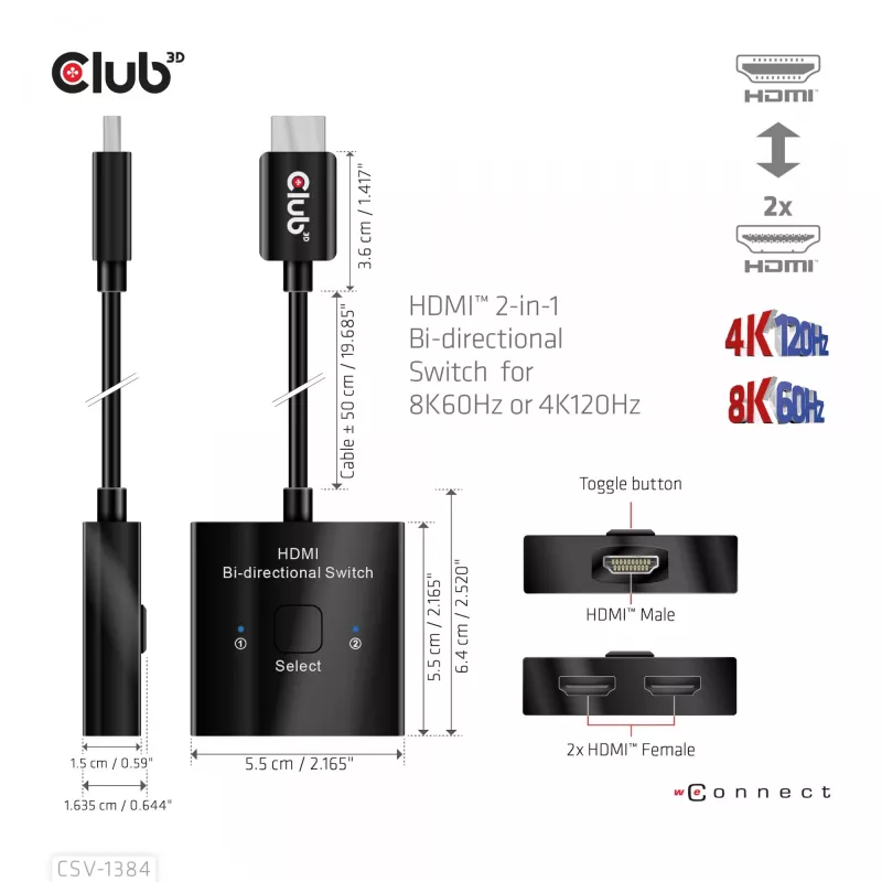 CLUB3D HDMI 2-in-1 bi-directionele switch 8K60Hz 4K120Hz CSV-1384
