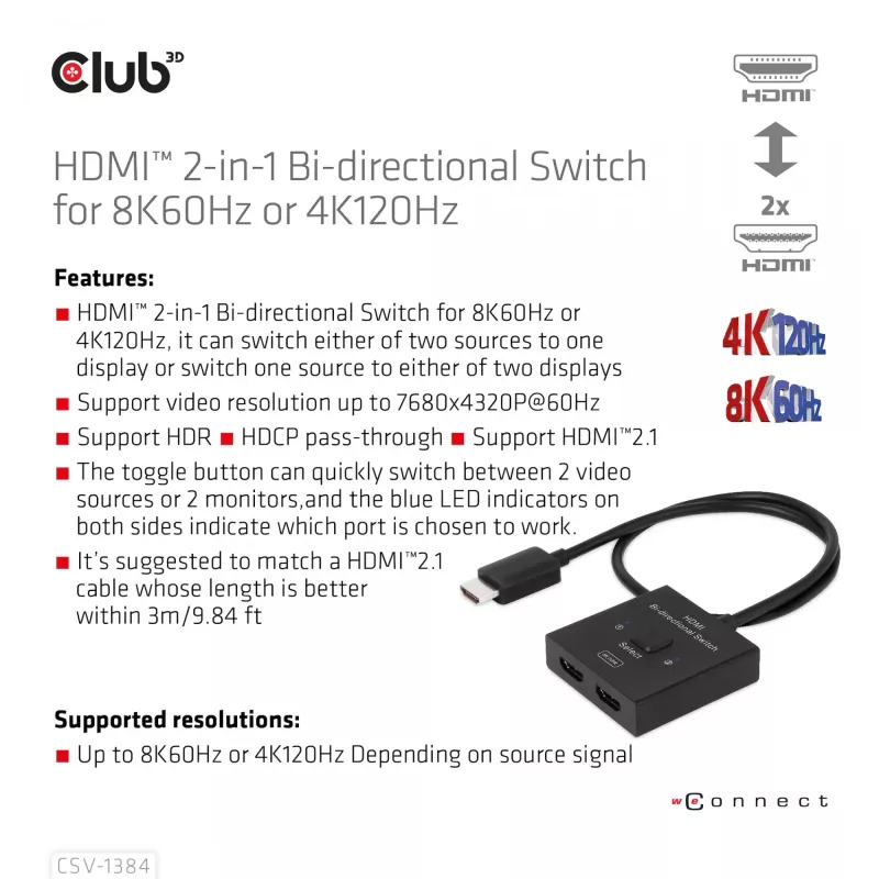 CLUB3D HDMI 2-in-1 bi-directionele switch 8K60Hz 4K120Hz CSV-1384