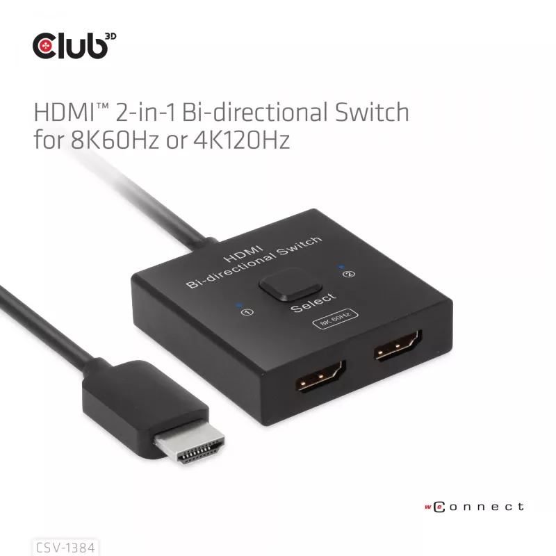 CLUB3D HDMI 2-in-1 bi-directionele switch 8K60Hz 4K120Hz CSV-1384