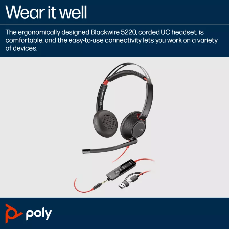 HP Poly Blackwire 5220 stereo USB-C headset + 3,5-mm-jackplug + USB-C/A-adapter