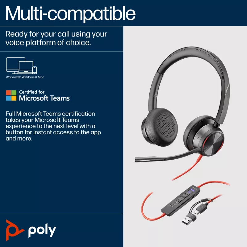 HP Poly Blackwire 8225 stereo Microsoft Teams gecertificeerd USB-C headset + USB-C/A-adapter