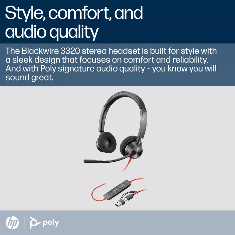 HP Poly Blackwire 3320 stereo Microsoft Teams gecertificeerd USB-C headset + USB-C/A-adapter