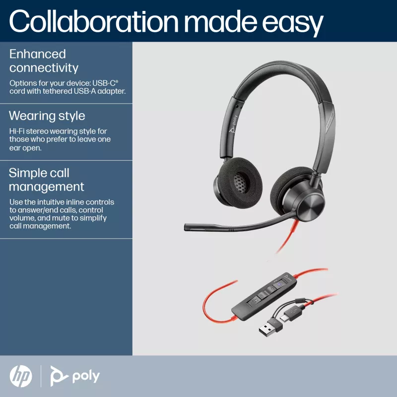 HP Poly Blackwire 3320 stereo Microsoft Teams gecertificeerd USB-C headset + USB-C/A-adapter