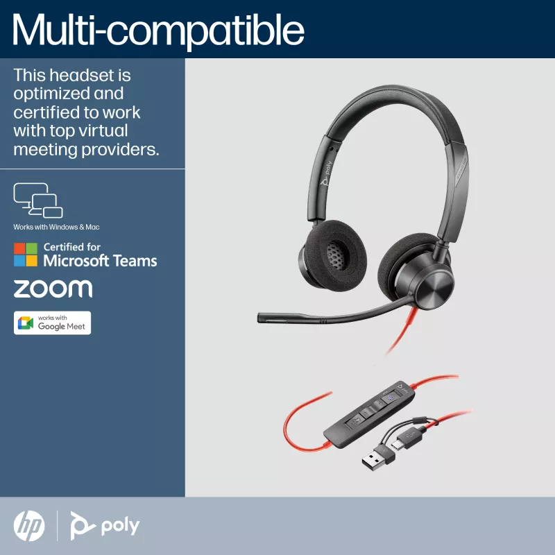 HP Poly Blackwire 3320 stereo Microsoft Teams gecertificeerd USB-C headset + USB-C/A-adapter
