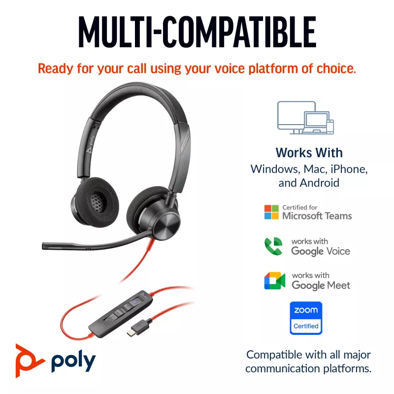 HP Poly Blackwire 3320 stereo Microsoft Teams gecertificeerd USB-C headset + USB-C/A-adapter