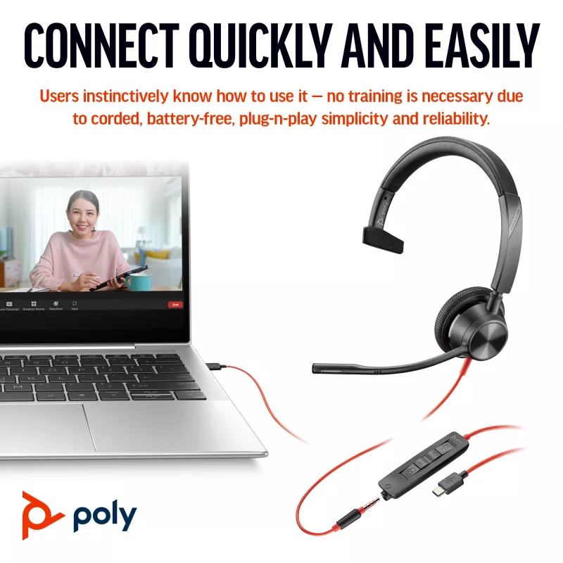 HP Poly Blackwire 3315 mono USB-C headset + 3,5-mm-plug + USB-C/A-adapter