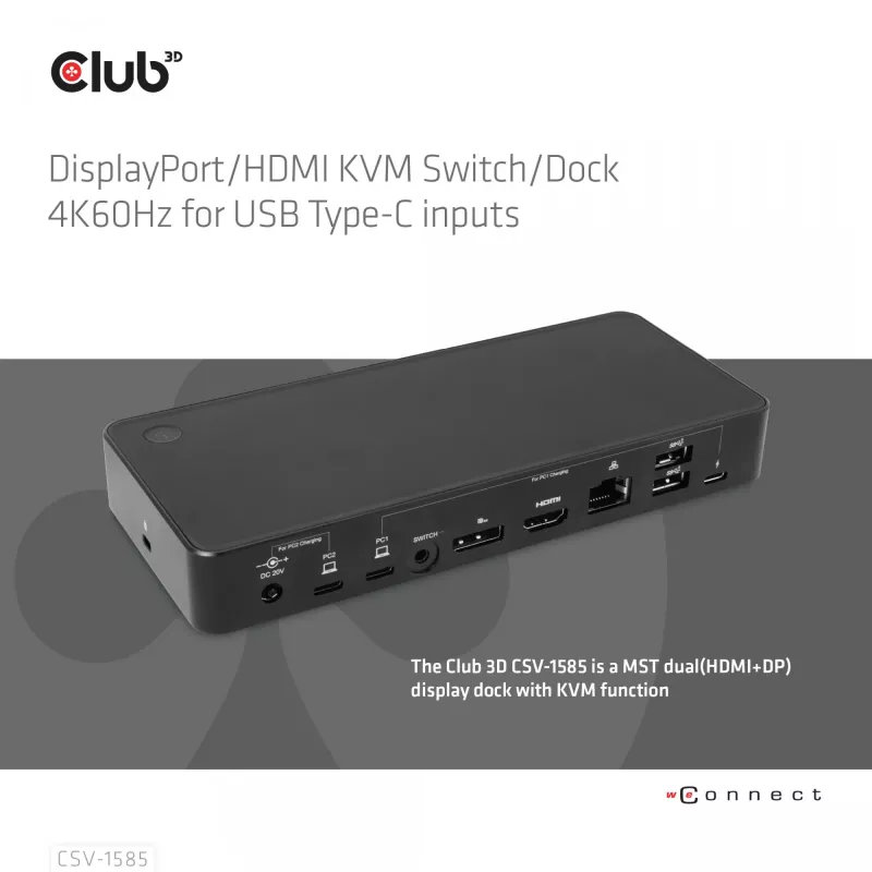 CLUB3D DisplayPort/HDMI KVM-switch/dock 4K60Hz voor USB Type-C-ingangen