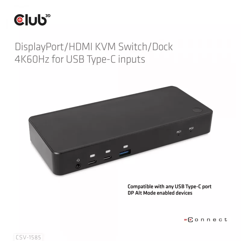 CLUB3D DisplayPort/HDMI KVM-switch/dock 4K60Hz voor USB Type-C-ingangen