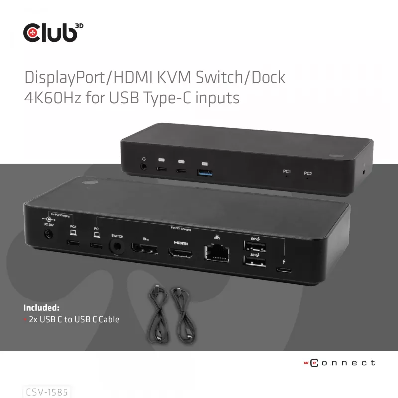 CLUB3D DisplayPort/HDMI KVM-switch/dock 4K60Hz voor USB Type-C-ingangen
