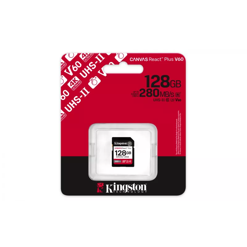 Kingston Technology 128 GB Canvas React Plus SDXC UHS-II 280R/100W U3 V60 voor Full HD/4K