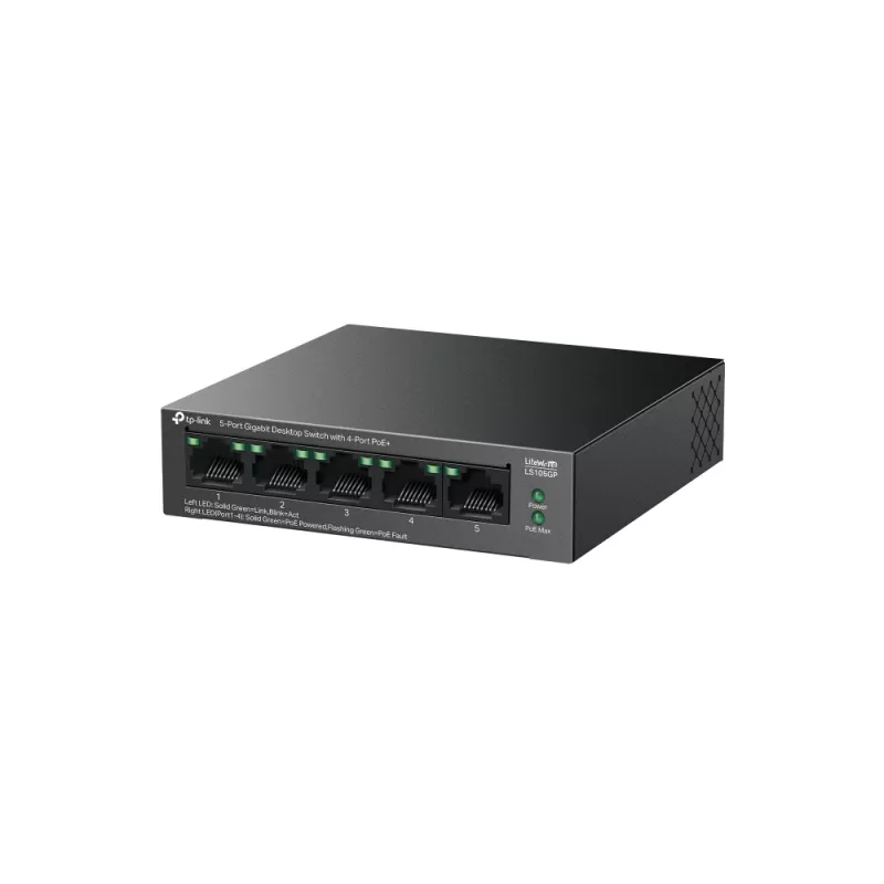 TP-LINK LiteWave 5-poorts Gigabit desktop-switch met 4-poorts PoE+ (5x Gigabit, 4 PoE+, 65 W PoE-budget)