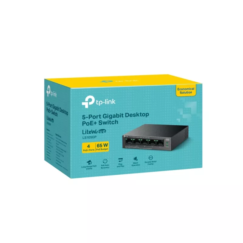 TP-LINK LiteWave 5-poorts Gigabit desktop-switch met 4-poorts PoE+ (5x Gigabit, 4 PoE+, 65 W PoE-budget)