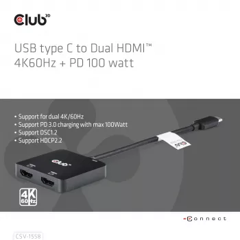 CLUB3D USB-C®-hub naar dual HDMI™ 4K60Hz M/F+PD3.0 100 W