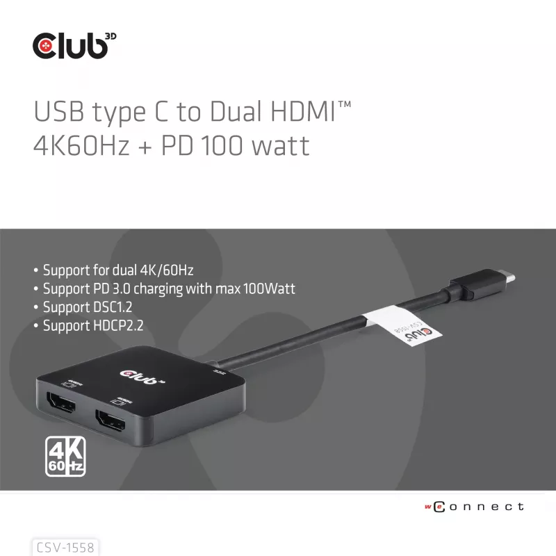 CLUB3D USB-C®-hub naar dual HDMI™ 4K60Hz M/F+PD3.0 100 W